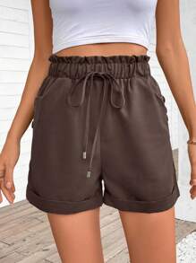 EMERY ROSE Women's Solid Color Elastic Waist Drawstring Casual Shorts With Pockets, Versatile - Coffee Brown - View 4