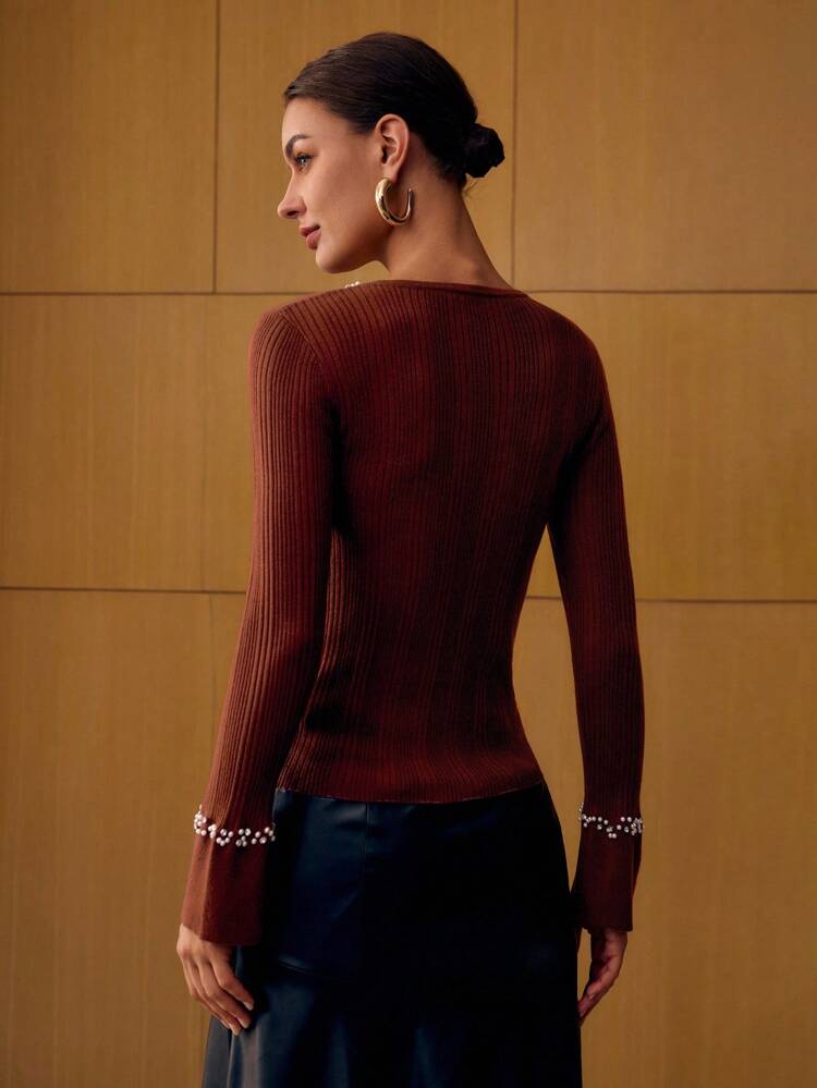 FAUX PEARL & RHINESTONE TRIM SLIM FIT SWEATER KNIT PULLOVER FALL WINTER