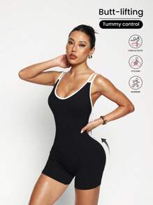 Dewbera 女士无缝撞色蝴蝶结性感运动连体裤 - 黑色 - 查看 2