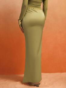 Roylia Elegant Fitted Waist Midi Skirt, Mature Vibe Fall Cloth For Women - Green - View 3