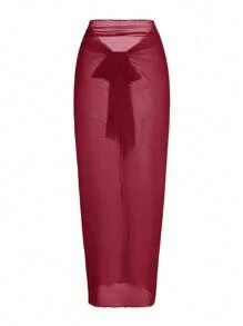 Swim Oasis 1 Piece Women Solid Color Ruched One-Piece Swimsuit With Cover-Up And Sarong Skirt For Summer Beach Vacation - Burgundy - View 3