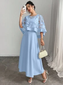 Modelyn Women Floral Applique Mesh Batwing Sleeve Top And Sleeveless Dress Elegant 2 Piece Set - Blue - View 3