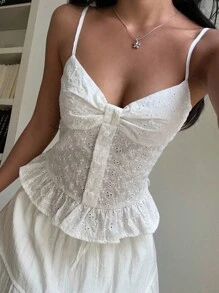 SHEIN EZwear 女士休闲度假纯色镂空刺绣细肩带 - 白色 - 查看 5