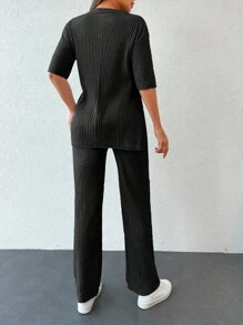 ZIRRA 2pcs Women Solid Color Round Neck Drop Shoulder Ribbed T-Shirt And Pants Casual Set - Black - View 5