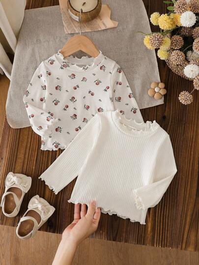 SHEIN Baby Girls' Ruffle Collar Long Sleeve 2 Pieces Set. Distinctive Ruffle Cuff And Collar Design, Simple And Fashionable. Classic Long Sleeve Top Silhouette. Whether Or Relaxing At Home, This 2 Pieces Set Will Make Your Baby The Most Eye-Catching.