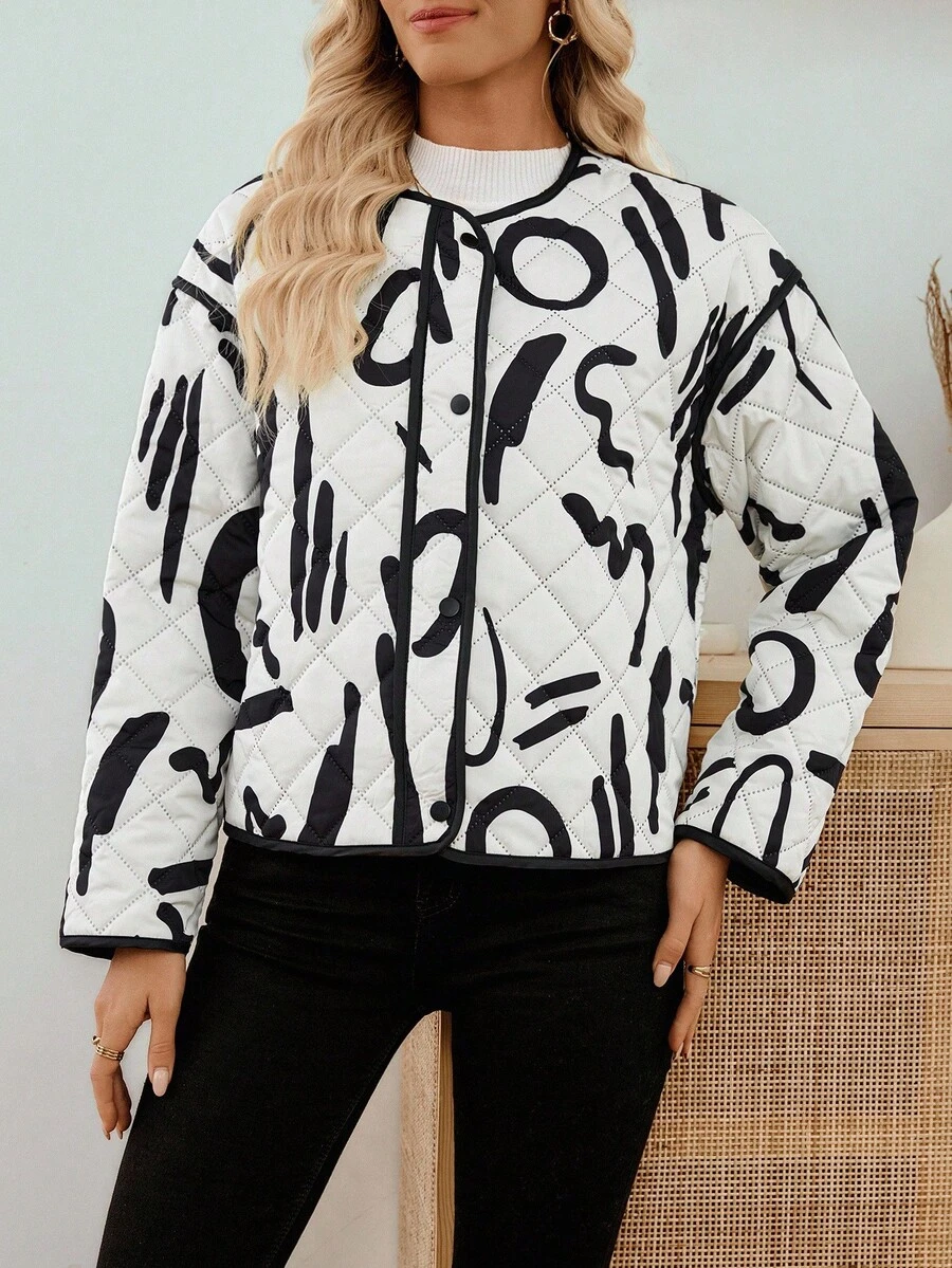 SHEIN LUNE Women's Fashionable Versatile Printed Jacket, Winter Quilted Jacket Artwork Print Jacket Graphic Print Jacket Women Jacket - Multicolor - View 1