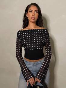 Glamine Elegant Party Off-Shoulder Polka Dot Print Women's Black Mesh Long Sleeve Undershirt, Winter - Black - View 3