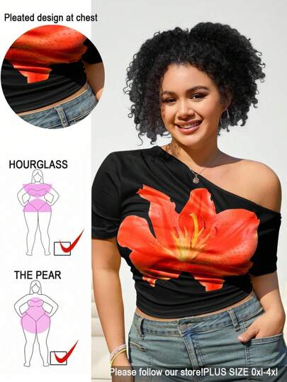 SHEIN EZwear Plus Size Asymmetric Off Shoulder Floral Print T-Shirt, For Island Resort Vacation, Spring/Summer