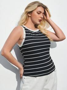 Maija 大码女式纽扣细节条纹圆领背心，适合夏季优雅时尚波西米亚海滩度假风格休闲夏季短款上衣，西部风商务休闲外出度假办公室