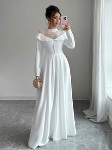 Elenzga Váy cưới dáng chữ A dài tay cổ cao ren tương phản lãng mạn thanh lịch dành cho khách dự tiệc cưới - trắng - Xem 1
