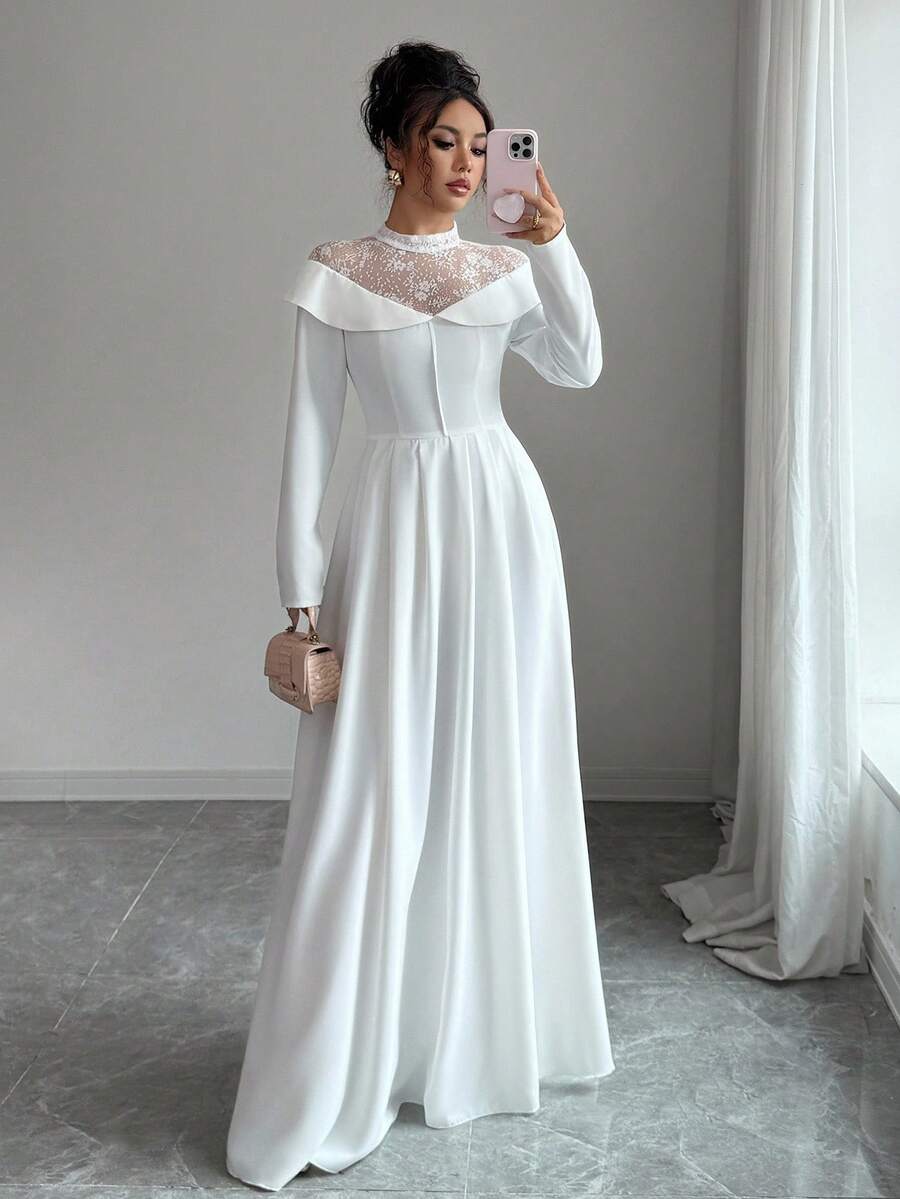 Elenzga Váy cưới dáng chữ A dài tay cổ cao ren tương phản lãng mạn thanh lịch dành cho khách dự tiệc cưới - trắng - Xem 1