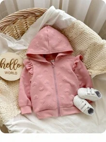 SHEIN 可爱休闲女婴心形印花连帽夹克，百搭秋冬 - 粉色 - 查看 5