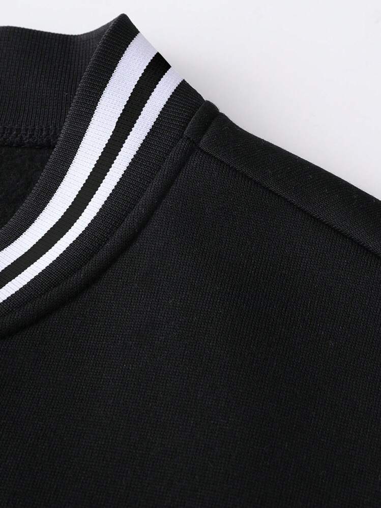 Manfinity LEGND Men's Casual Baseball Jacket, Fashion Versatile Long Sleeve Jacket, Varsity Jacket Men, Varsity Bomber Jacket, Black Baseball Jacket , Fall Winter, Grunge - Black - View 4