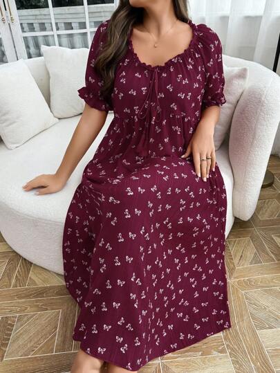 SHEIN Plus Size Women Bow Print V-Neck Ruffle Trim Tassel Tie Decor Nightgown