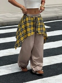 SHEIN EZwear 女式格子纯色拼接街头风格裤子 - 卡其色 - 查看 5