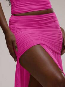 MUSERA 褶皱垂褶极开衩半身裙，仅限伊比沙岛性感度假夏季节日沙滩装，浪漫优雅，适合生日、婚礼宾客、婚宴和复活节 - 玫紅色 - 查看 6