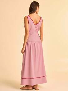 CAJUNI Contrast Color V-Neck Hollow Out Casual Summer Sleeveless Dress - Dusty Pink - View 2