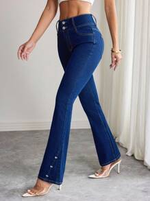 Elenzga Quần ống loe denim cài nút dành cho nữ - Rửa tối - Xem 4
