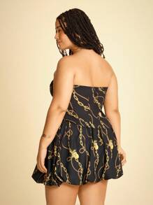 CAJUNI Ensemble Top bandeau froncé imprimé citron et chaîne dorée et mini-jupe à bulles assorti, pour femmes grande taille, décontracté pour les vacances - Multicolore - Voir 2