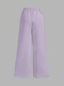 Firerie 女士休闲优雅度假时尚前系带宽松衬衫和高腰弹力宽松裤两件套 - 紫羅蘭色 - 查看 8