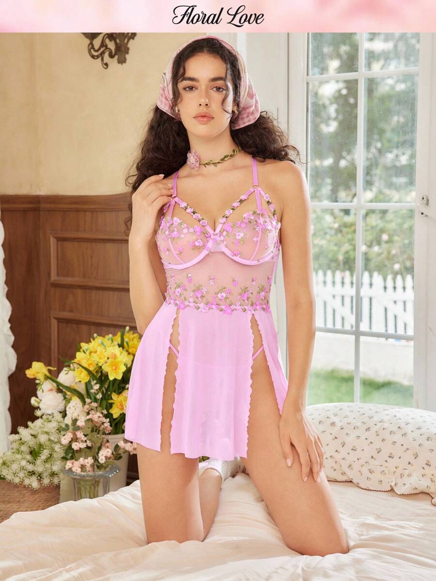 SHEIN 女士花卉刺绣网眼吊带裙、性感睡袍、节日季、外出装