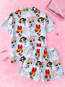 THE POWERPUFF GIRLS X SHEIN 女士蓝色短袖上衣和短裤睡衣套装，可爱卡通，泡泡、花朵、毛茛、云朵彩虹图案，梦幻、基本款休闲又酷炫，女士返校装，返校，学校上衣，基本款上衣，秋冬 - 藍色 - 查看 2