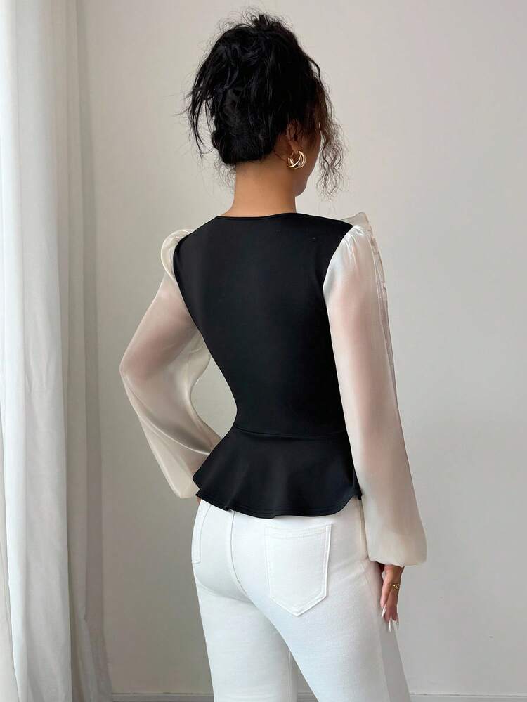 Elenzga Elegant Organza Patchwork A-Line Fitted Long Sleeve T-Shirt, Autumn/Winter Fall Cloth For Women - Black - View 2