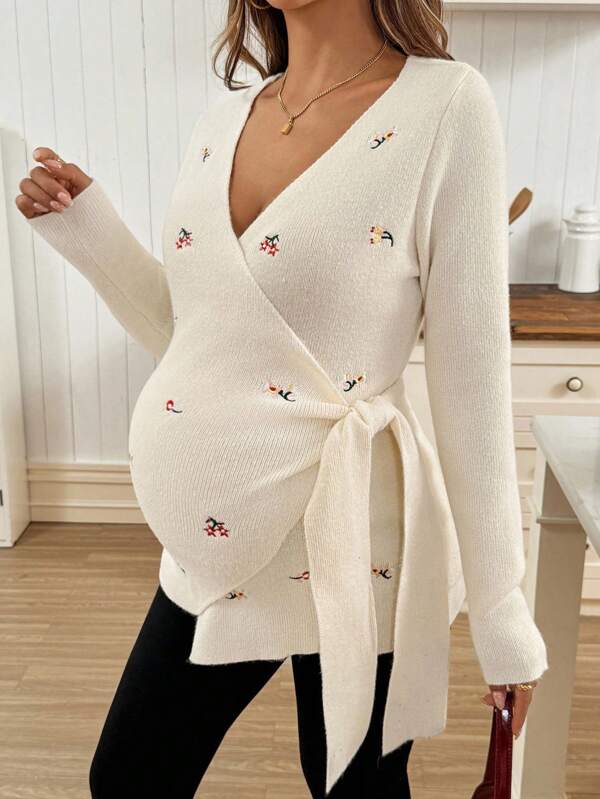 SHEIN Suéter envolvente casual con bordado y amarre para mujeres embarazadas, otoño/invierno