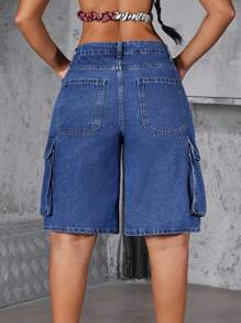 SHEIN Tall 女式宽松休闲工装口袋牛仔短裤 - 中等水洗藍 - 查看 3