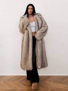 SHEIN Tall Women's Winter Stand Collar Long Sleeve With Pockets Long Elegant Fluffy Coat Long Fur Coat,Fall - Light Grey - View 8