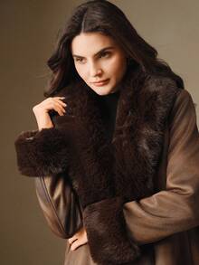 Anewsta Women's Fluffy Fur Collar Belted Faux Fur Jacket, Autumn/Winter - Brown - View 7