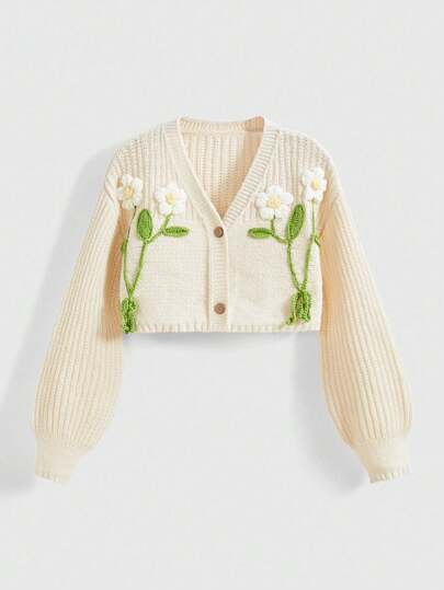 Fairycore Y2K Countryside Style Hand-Crocheted Floral Lantern Sleeve Cropped Cardigan