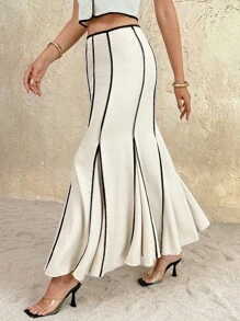 SHEIN Frenchy 女士优雅撞色滚边鱼尾下摆半身裙，秋季女士，返校，乡村音乐会，商务休闲女士，女士教师，女士约会之夜，女士生日，女士早午餐，西方女装，商务休闲女士 - 杏色 - 查看 8