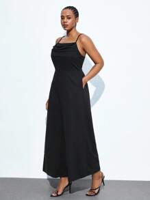 Maija Plus Size Black Sleeveless Pleated Front Wide Leg Jumpsuit,Summer Elegant Formal Evening Casual Solid Color Business Modest Vintage Teacher Outfits - Black - View 5