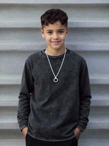 青少年男童休闲水洗色超大圆领长袖针织 T 恤，适合学校、花园、海滩、生日、春季、夏季、秋季、冬季 - 黑色 - 查看 2