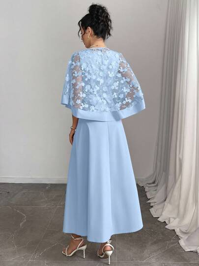 Modelyn 女款花朵貼花網紗蝙蝠袖上衣與無袖洋裝優雅兩件套