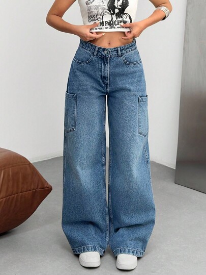 EURMUSE Side Pocket High Waist Woman Wide Leg Denim Casual Jean Wide Leg Jeans Loose Jeans Oversized Jeans Y2k Jeans Cargo Jeans