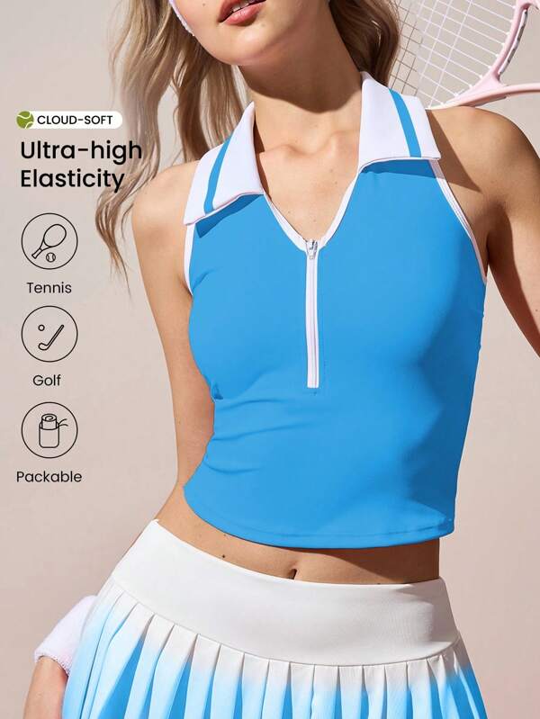 CourtClass 女式修身网球运动户外无袖 Polo 衫，粉色和白色网球上衣 女式网球上衣 女式运动上衣 女式运动上衣 无袖拉链运动上衣 女式健身上衣