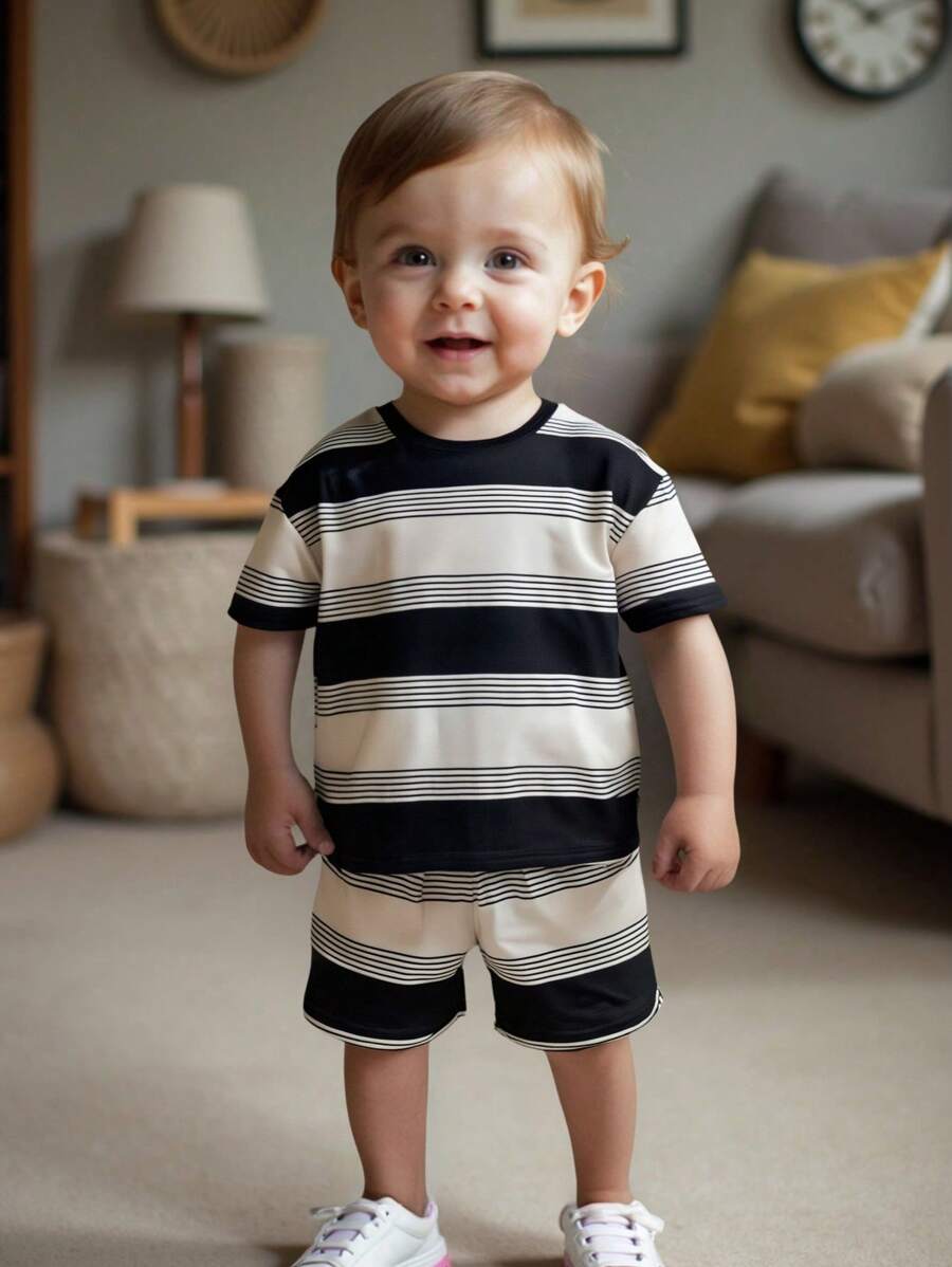 2 pièces Ensemble pull court à manches courtes à col rond et short taille élastique pour bébé garçon, à rayures, en tricot doux - Noir et Blanc - Voir 1