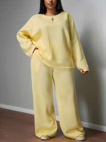 Slaydiva 两件套春夏度假休闲粉色长袖宽松圆领上衣和阔腿直筒口袋裤，柔软面料大码女式运动套装黄色两件套女士舒适两件套针织两件套两件套 - 黃色 - 查看 7