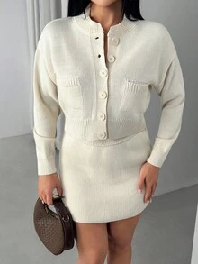 EURMUSE 女士米白色短款针织西装外套和迷你裙套装 - 奶油色 - 查看 6