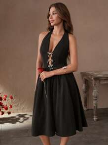 Savoree Ladies' Spring/Summer New Style European And American Hanging Neck Bow Deep V Backless Music Festival Bubble Sleeveless Black Dress - Black - View 4