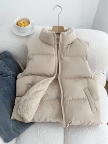 SHEIN 青少年女孩拉链加厚休闲背心外套，冬季外套，适合秋季、冬季和返校季节 - 杏色 - 查看 7