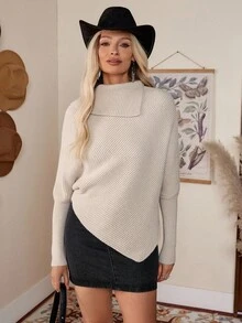 LanaWest Parte superior de punto de cuello alto con manga de murciélago asimétrica y unicolor, de estilo clásico. Elegante, versátil y apropiada para vacaciones, otoño/invierno