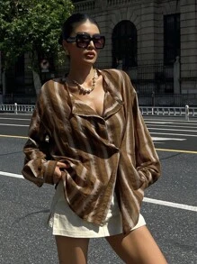DAZY Vintage Vertical Striped Loose Fit Asymmetric Collar Long Sleeve Shirt Fall,Winter - Brown - View 5