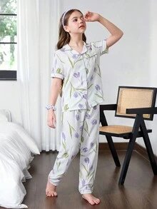 青少年女孩短袖休闲单排扣花卉印花泡泡褶睡衣套装，夏季 - 彩色 - 查看 4