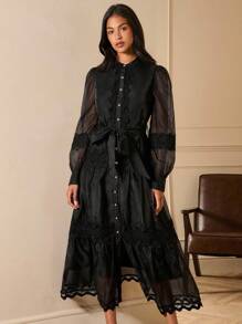 Lilora Váy maxi xếp nếp nhiều lớp ren đen trơn màu cổ điển lãng mạn thanh lịch có nút, thắt eo, nơ, tay áo đèn lồng cho tiệc tùng, mùa xuân/thu - màu đen - Xem 6