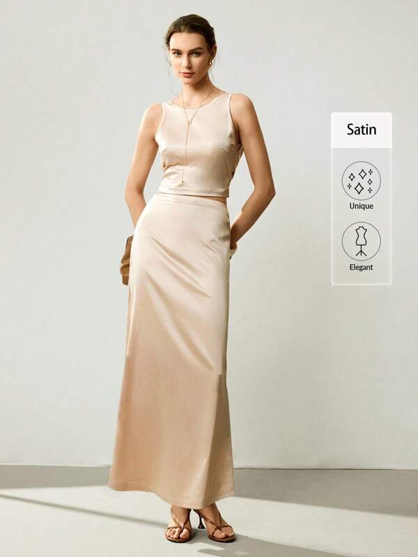 Uhlyne Bộ đồ thời trang dệt không tay màu trơn thanh lịch hở lưng đính ngọc trai và chân váy satin, gồm váy dài satin, váy satin màu sâm panh và váy hai mảnh satin màu nude.