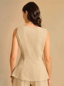 CAJUNI Blusa de mujer sin mangas con decoración de estrella de mar metálica en color albaricoque, top beige para mujer, top neutro para mujer, top con botones, top sin mangas para mujer, top casual de negocios para mujer, ropa de otoño para mujer - Caqui - Ver 2