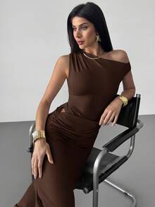 Firerie Women's Elegant Minimalist Sexy Fashionable Outdoor, Vacation, Music Festival Ruched Asymmetric Shoulder Tight Dress, Apricot Color Formal Dresses For Wedding Guest,Wedding Guest Dress,Prom Dress